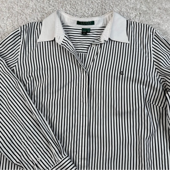 Lauren Ralph Lauren Black White Striped Button Up Shirt with Monogram. 1X - Picture 10 of 14